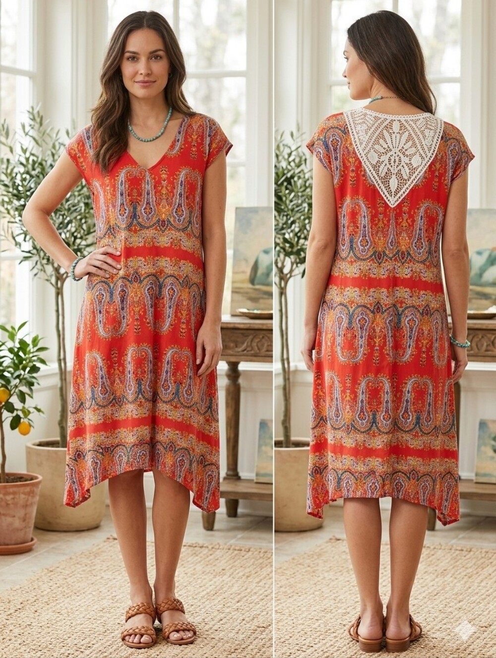 World Unity Boho Orange Crochet Detail Back Vivid Print Asymmetrical Dress